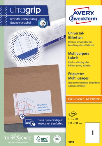 Etiket Avery 3478 210x297mm A4 wit 100 stuks