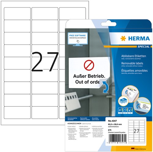 Etiket HERMA 4347 63.5x29.6mm verwijderbaar wit 675 stuks