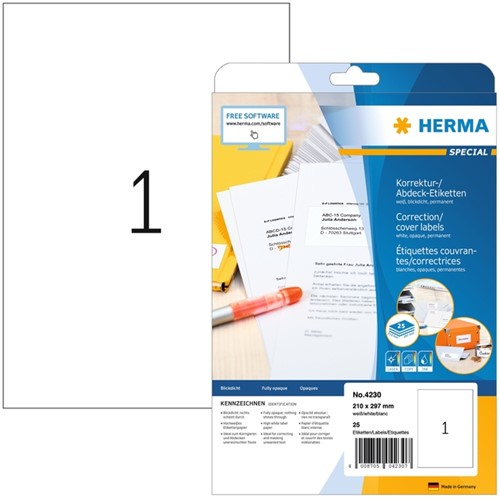 Etiket HERMA 4230 210x297mm A4 correctie wit 25stuks