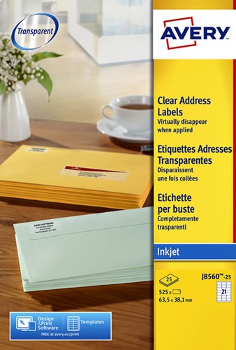 Etiket Avery J8560-25 63.5x38.1mm transparant 525 stuks