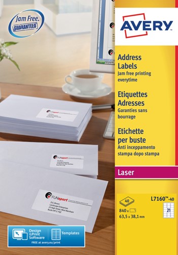 Etiket Avery L7160-40 63.5x38.1mm wit 840 etiketten