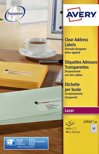 Etiket Avery L7551-25 38.1x21.1mm transparant 1625 stuks