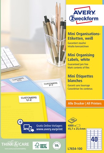 Etiket Avery L7654-100 45.7x25.4mm wit 4000 etiketten