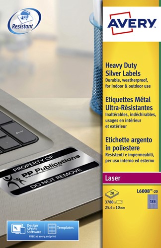 Etiket Avery L6008-20 25.4x10mm zilver 3780 stuks-2