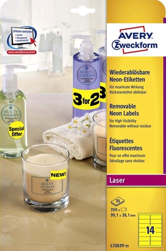 Etiket Avery L7263Y-25 99.1x38.1mm neon geel 350 stuks