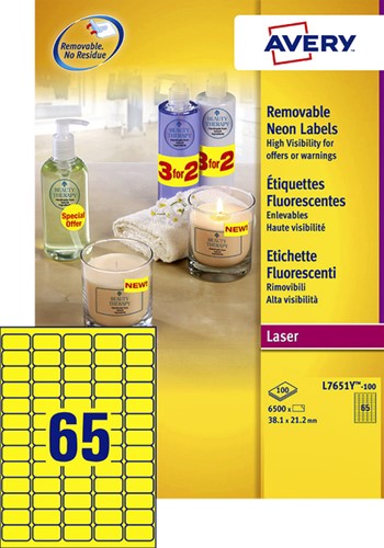 Etiket Avery L7651Y-100 38.1x21.2mm neon geel 6500 etiketten
