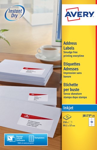 Etiket Avery J8173-25 99.1x57mm wit 250 stuks