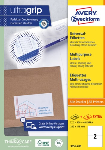 Etiket Avery 3655-200 210x148mm A5 wit 400 stuks