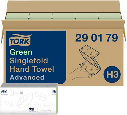 Handdoek Tork H3 Advanced singlefold 2-laags 248x230mm 15x250 vel groen 290179