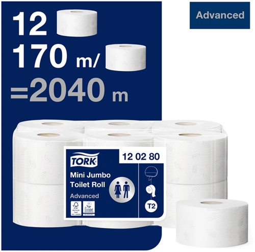 Toiletpapier Tork T2 Advanced jumbo klein 2-laags 170m wit 120280-3