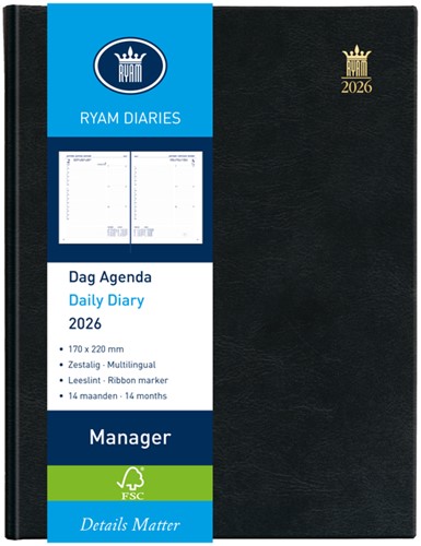 Agenda 2026 Ryam Manager Mundior 1dag/1pagina zwart