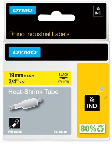 Labeltape Dymo Rhino industrieel krimpkous 19mm zwart op geel