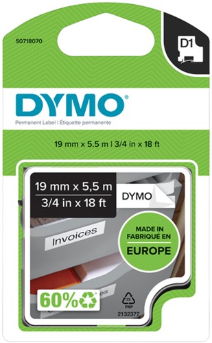 Labeltape Dymo LabelManager D1 polyester 19mmx5,5m zwart op wit