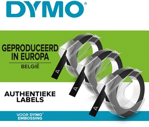 Reliëftape Dymo embossing plastic 9mm wit op zwart-1