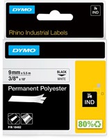 Labeltape Dymo Rhino industrieel polyester 9mm zwart op wit