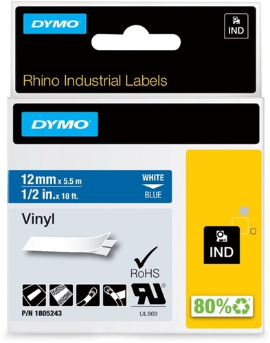 Labeltape Dymo Rhino industrieel vinyl 12mm wit op blauw