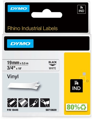 Labeltape Dymo Rhino industrieel vinyl 19mm zwart op wit