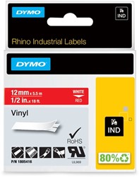 Labeltape Dymo Rhino industrieel vinyl 12mm wit op rood