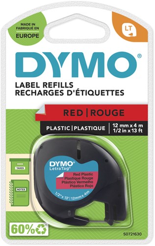 Labeltape Dymo LetraTag plastic 12mm zwart op rood