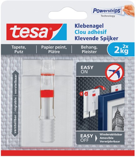 Klevende spijker tesa® behang en pleisterwerk 2kg verstelbaar wit 2 stuks